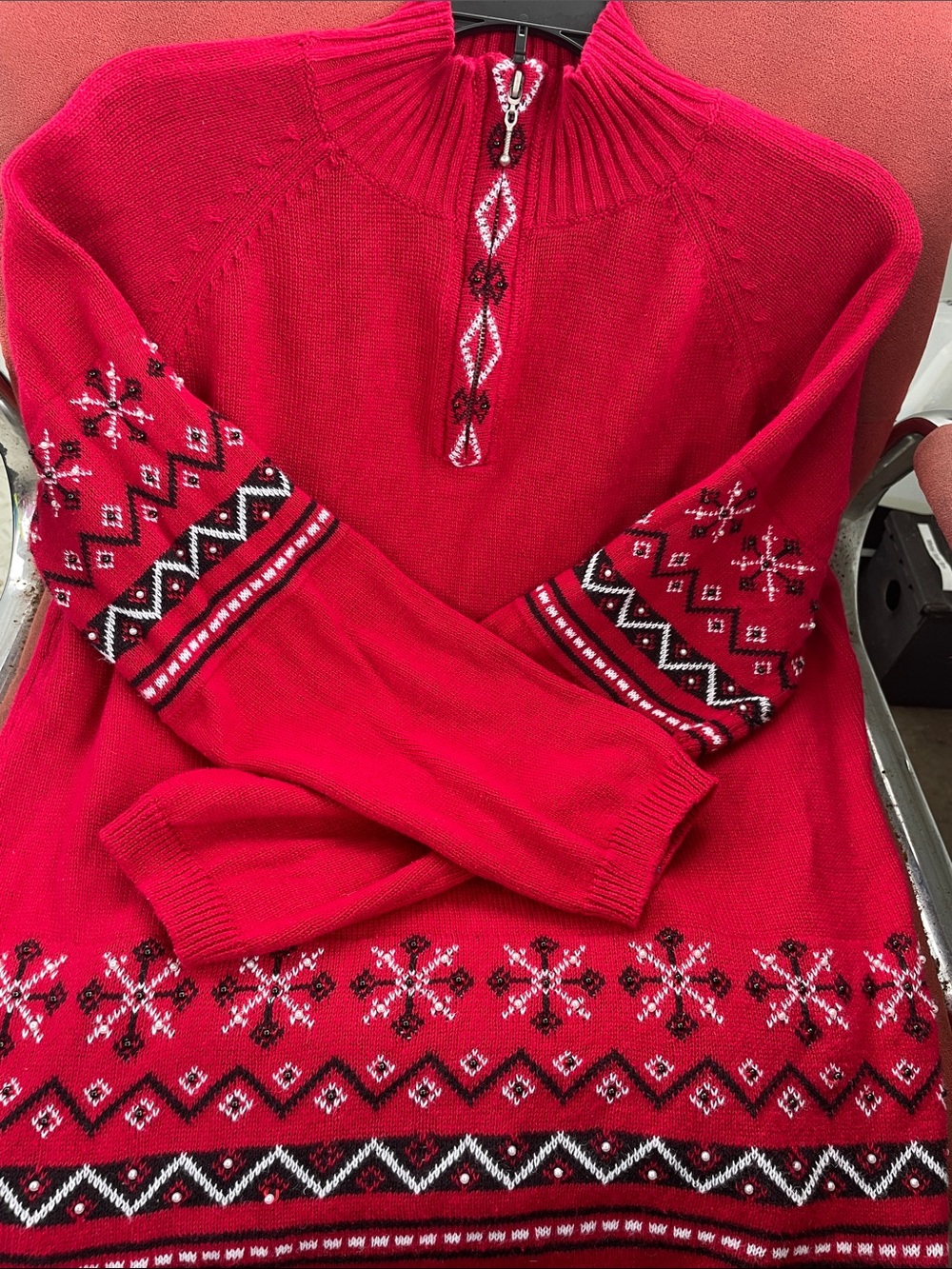 Vintage 90s quarter Zip-Neck Women’s ski Sweater with bead embellishments